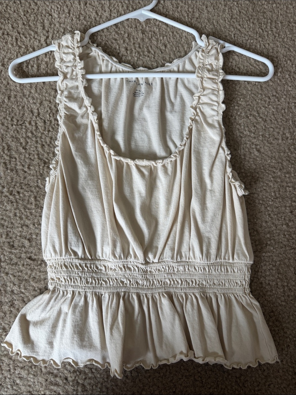 American Eagle Outfitters Cream Ruffle-Trim Smocked Tank
